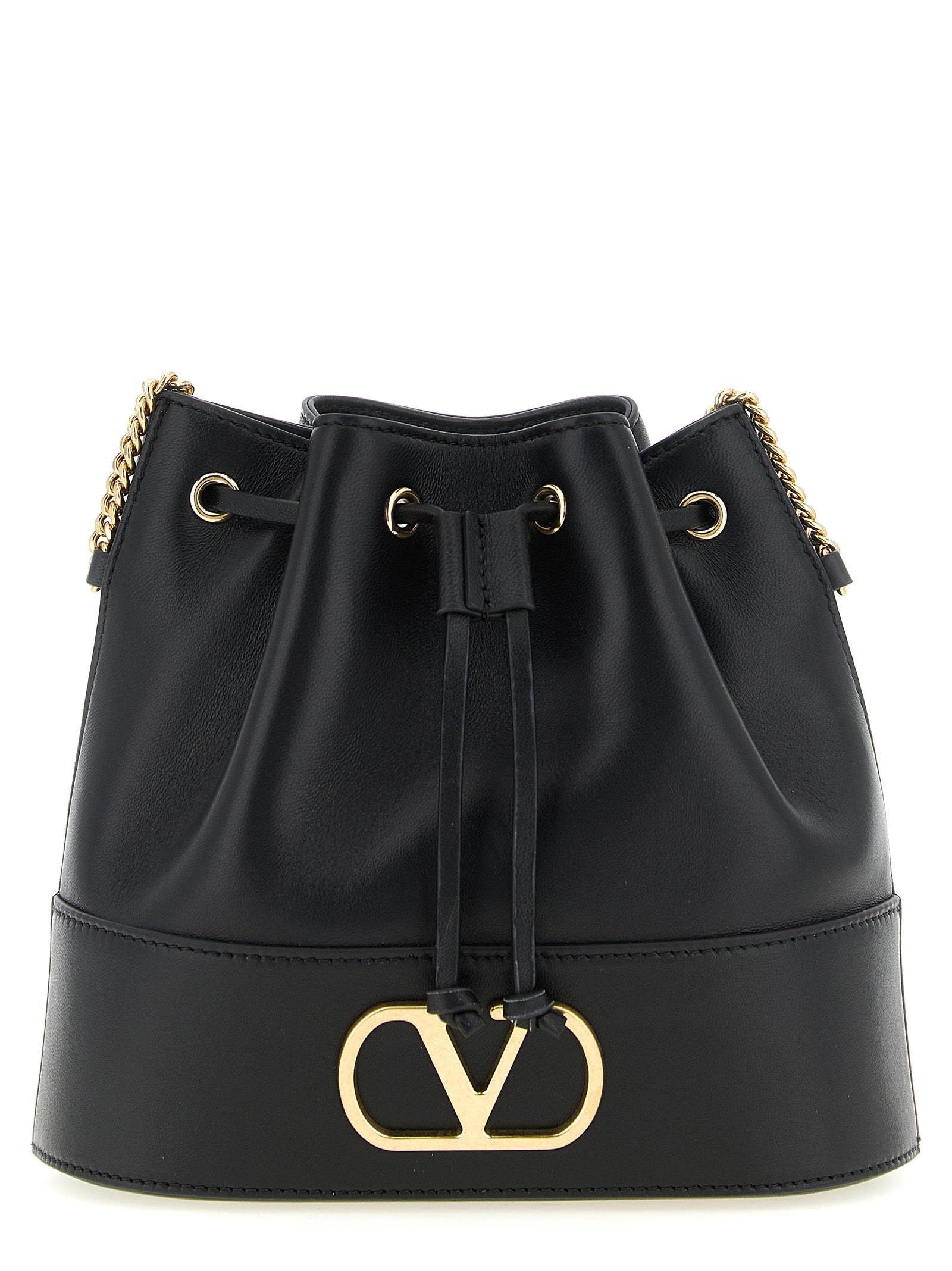 Crossbody Bucket Handbag by Valentino Garavani for women in lamb leather black & signature features a transformative sophistication silhouette, showcasing a secure drawstring, ample , and versatile crossbody-strap & shoulder-strap for a transformative sophistication look.