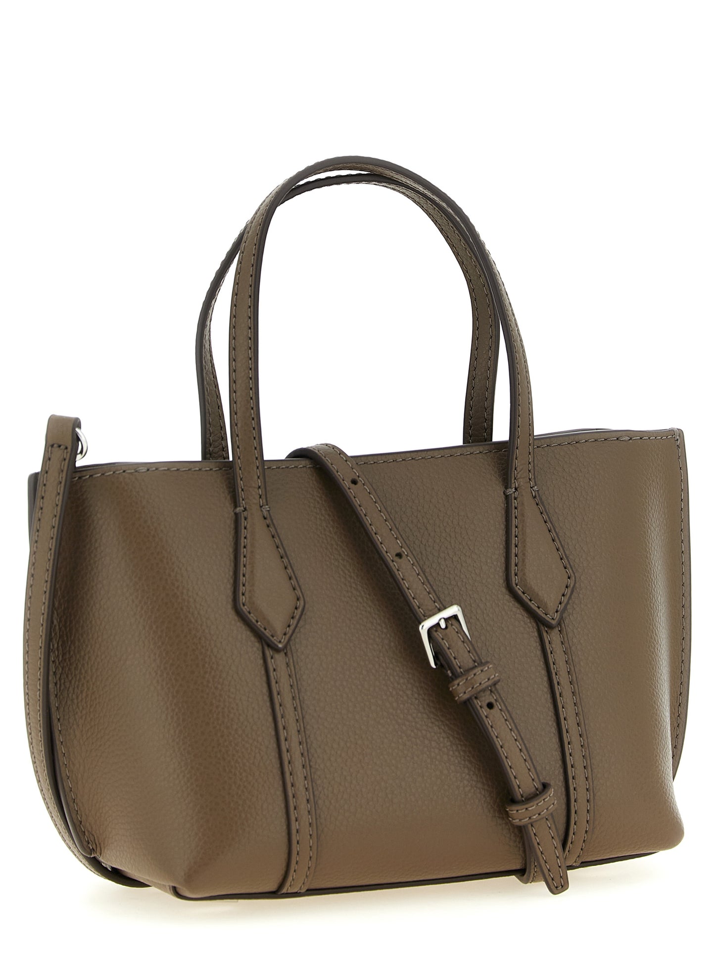 Mini Shopper Tote Bag by Tory Burch for women in leather & cotton brown features a urban sophisticate Perry Leather & Cotton Mini Shopper Tote Bag design with a secure , ample , and versatile shoulder-strap, adjustable-strap & handle for a urban sophisticate finish.