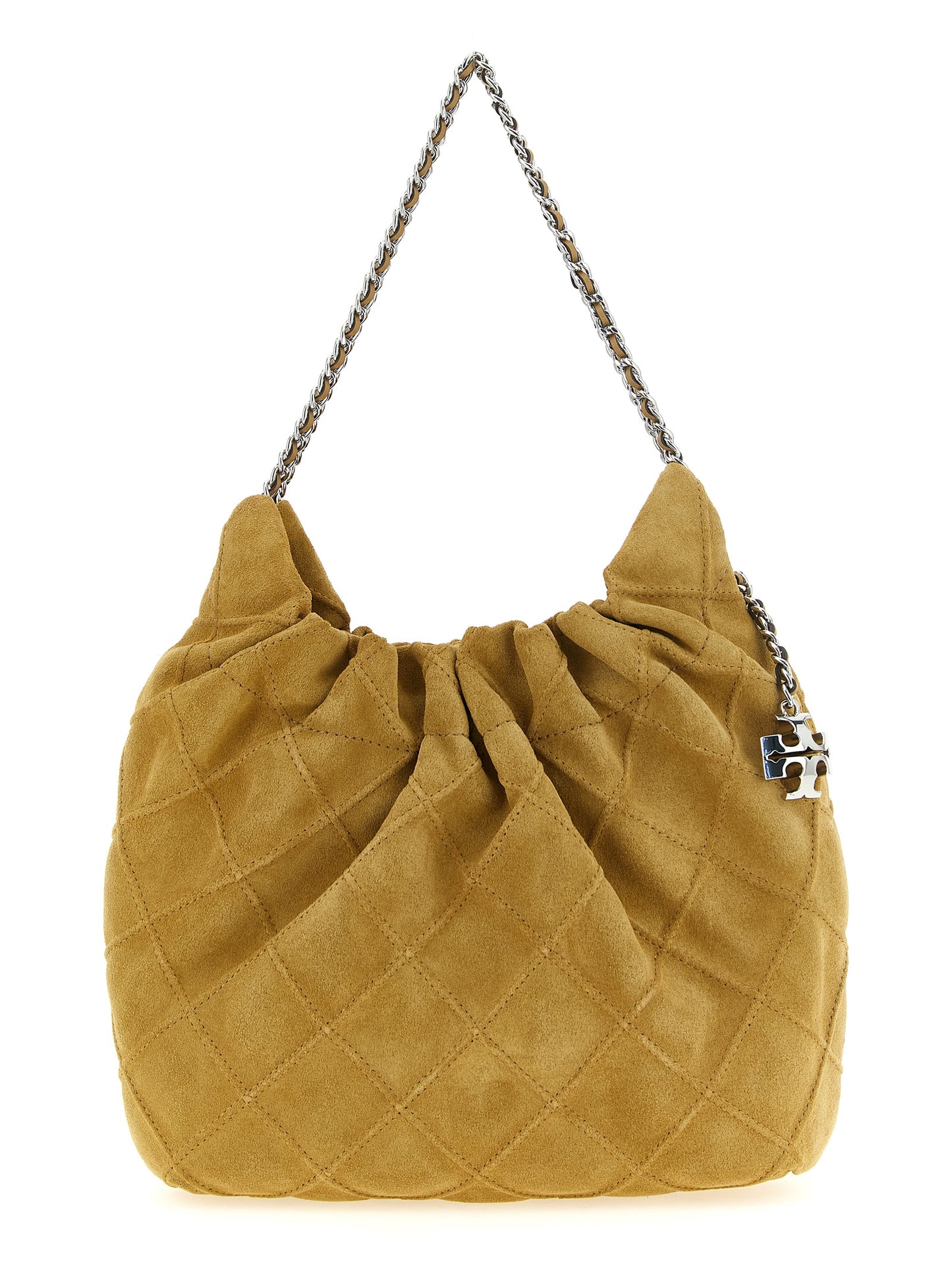 Mini Shoulder Hobo Bag by Tory Burch for women in calfskin leather beige, patterned & signature features an effortlessly chic silhouette with a secure magnetic, ample , and versatile shoulder-strap & handle for effortlessly chic everyday luxury.