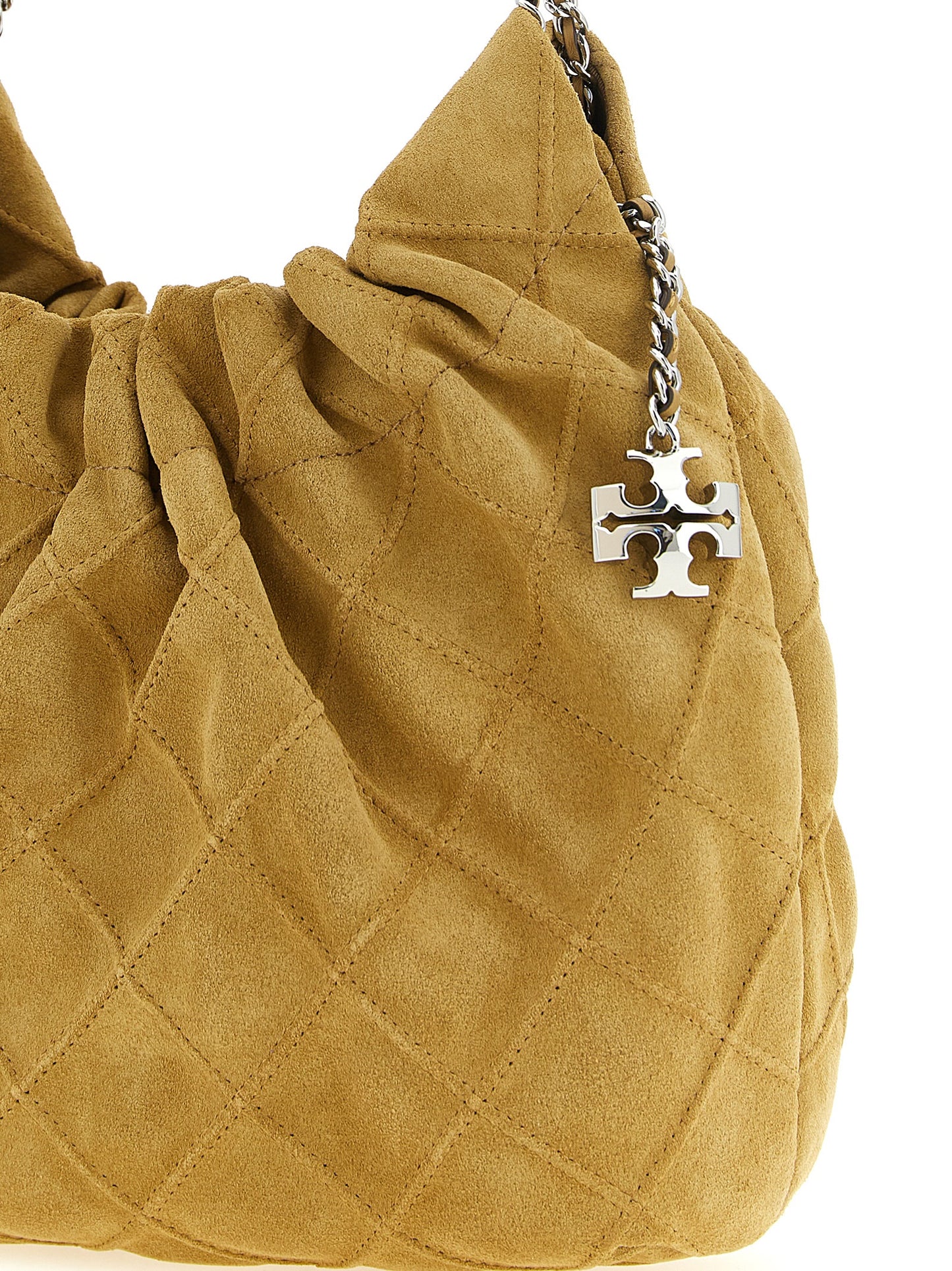 Mini Shoulder Hobo Bag by Tory Burch for women in calfskin leather beige, patterned & signature presents a versatile silhouette, showcasing a secure magnetic and versatile with versatile shoulder-strap & handle for a sophisticated look.