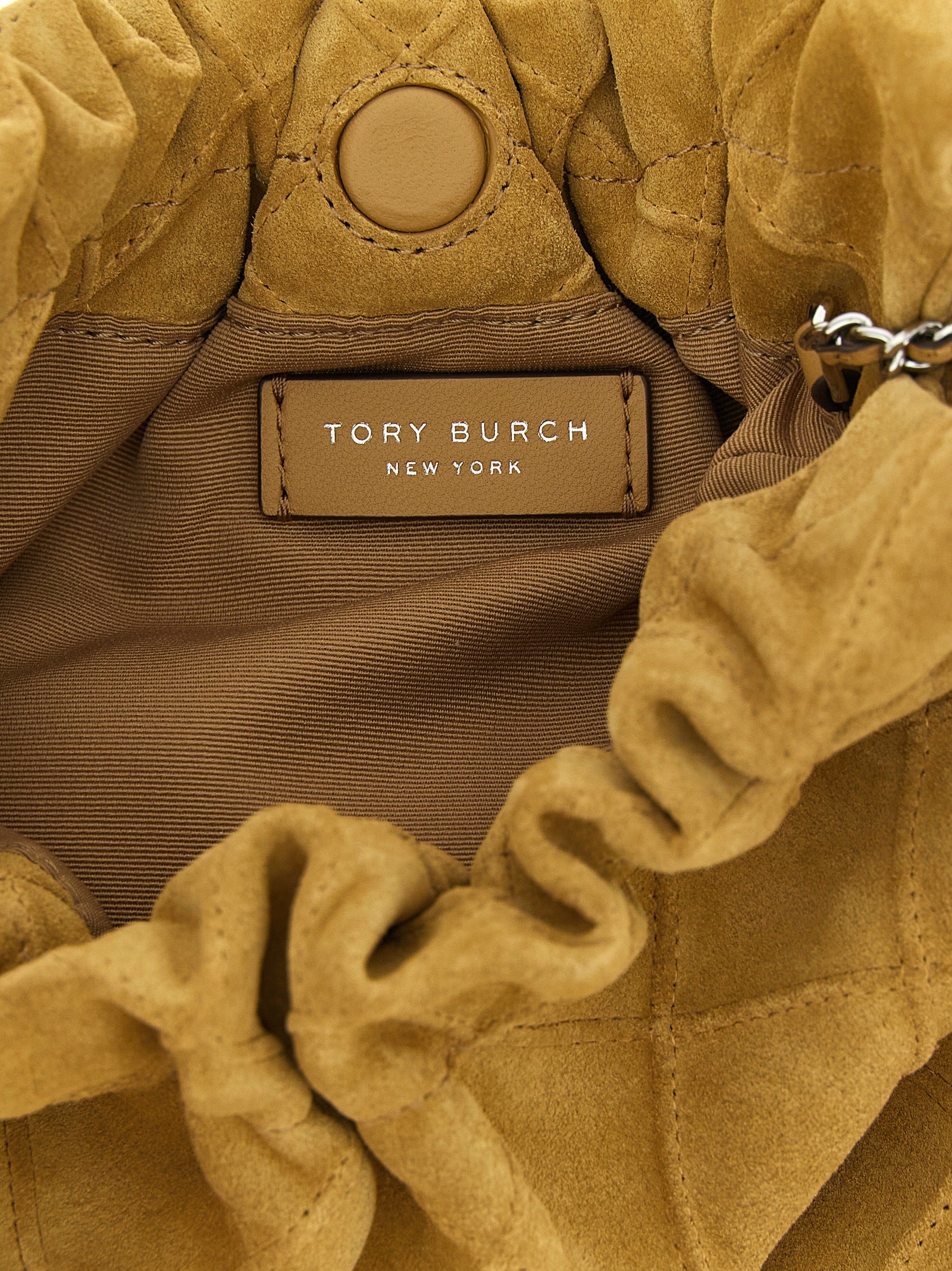 Mini Shoulder Hobo Bag by Tory Burch for women in calfskin leather beige, patterned & signature features a distinguished silhouette, showcasing a secure magnetic and distinguished with versatile shoulder-strap & handle for a distinguished finish.