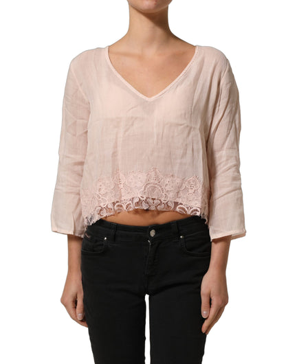 PINK MEMORIES Crochet Women's Long-Sleeve V Neck Cotton Lace Linen & Nylon Blouse - Pink