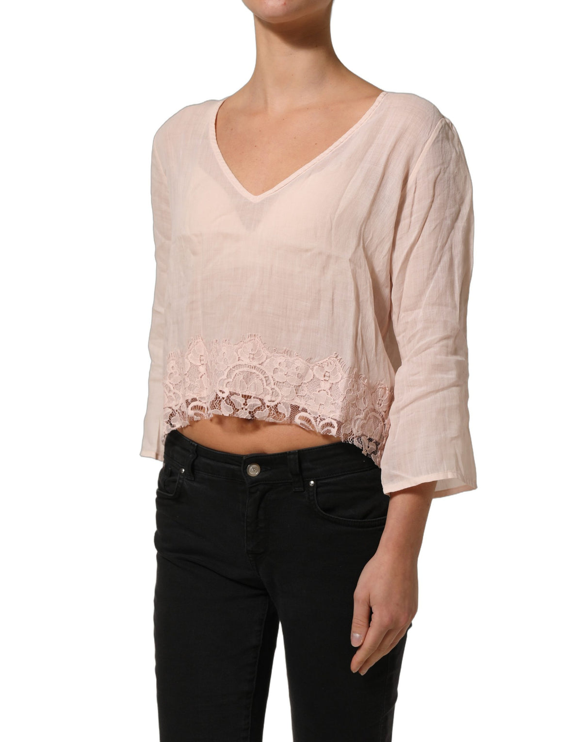 PINK MEMORIES Crochet Women's Long-Sleeve V Neck Cotton Lace Linen & Nylon Blouse - Pink