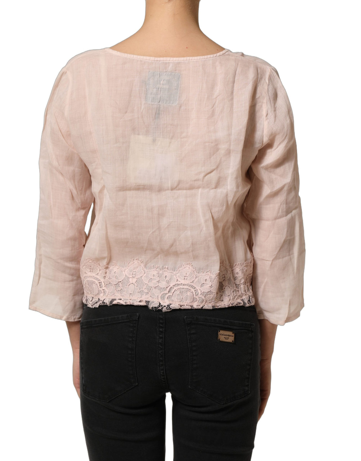 PINK MEMORIES Crochet Women's Long-Sleeve V Neck Cotton Lace Linen & Nylon Blouse - Pink