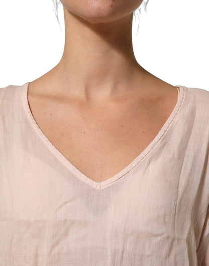 PINK MEMORIES Light Pink Linen V-Neck Long Sleeves Blouse Top