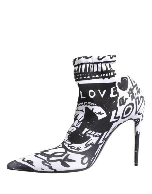 Dolce & Gabbana White Graffiti Stretch Ankle Boots Shoes