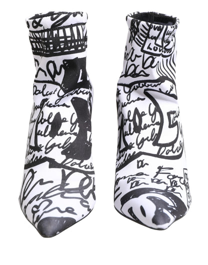 Dolce & Gabbana Women's Goat Leather & Polyester Stiletto Sock Ankle Short Boots - Black White Print