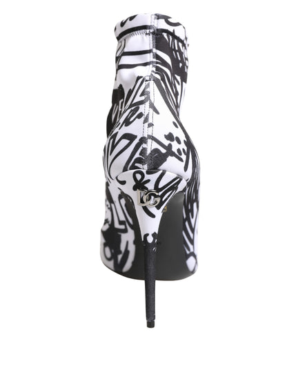 Dolce & Gabbana Women's Goat Leather & Polyester Stiletto Sock Ankle Short Boots - Black White Print