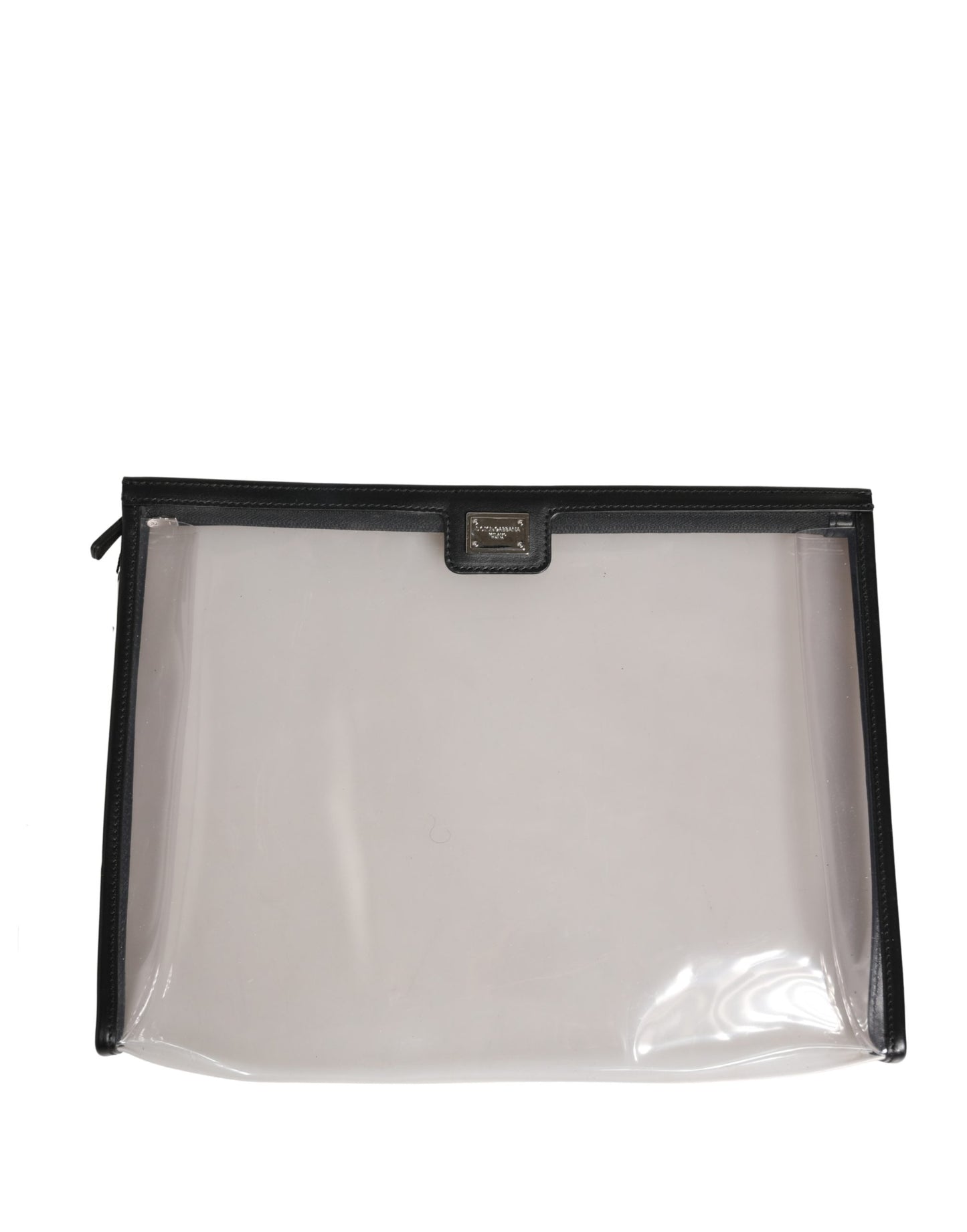 Pouch Clutch Handbag by Dolce & Gabbana for women in pebbled calf leather black, silver & transparent features a sculptural silhouette with a secure zipper, organized , and versatile for a sculptural finish.