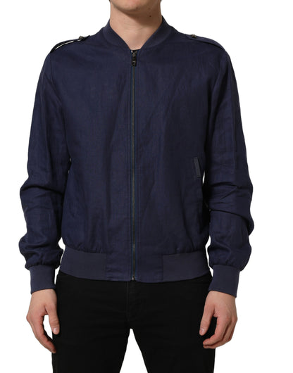 Dolce & Gabbana Blue Linen Full Zip Men Bomber Jacket