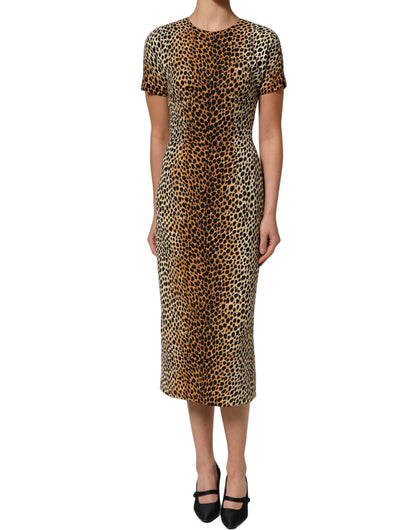 Dolce & Gabbana Women's Sheath Wrap Short-Sleeve Crew Neck Silk Midi Short Mini Dress - Brown Leopard Print Print