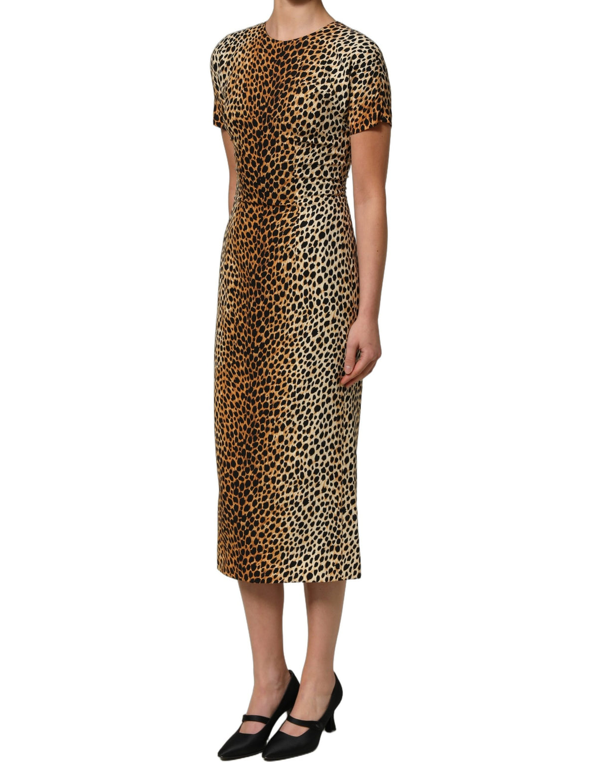Dolce & Gabbana Women's Sheath Wrap Short-Sleeve Crew Neck Silk Midi Short Mini Dress - Brown Leopard Print Print