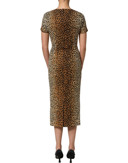 Dolce & Gabbana Brown Leopard Print Silk Sheath Midi Dress