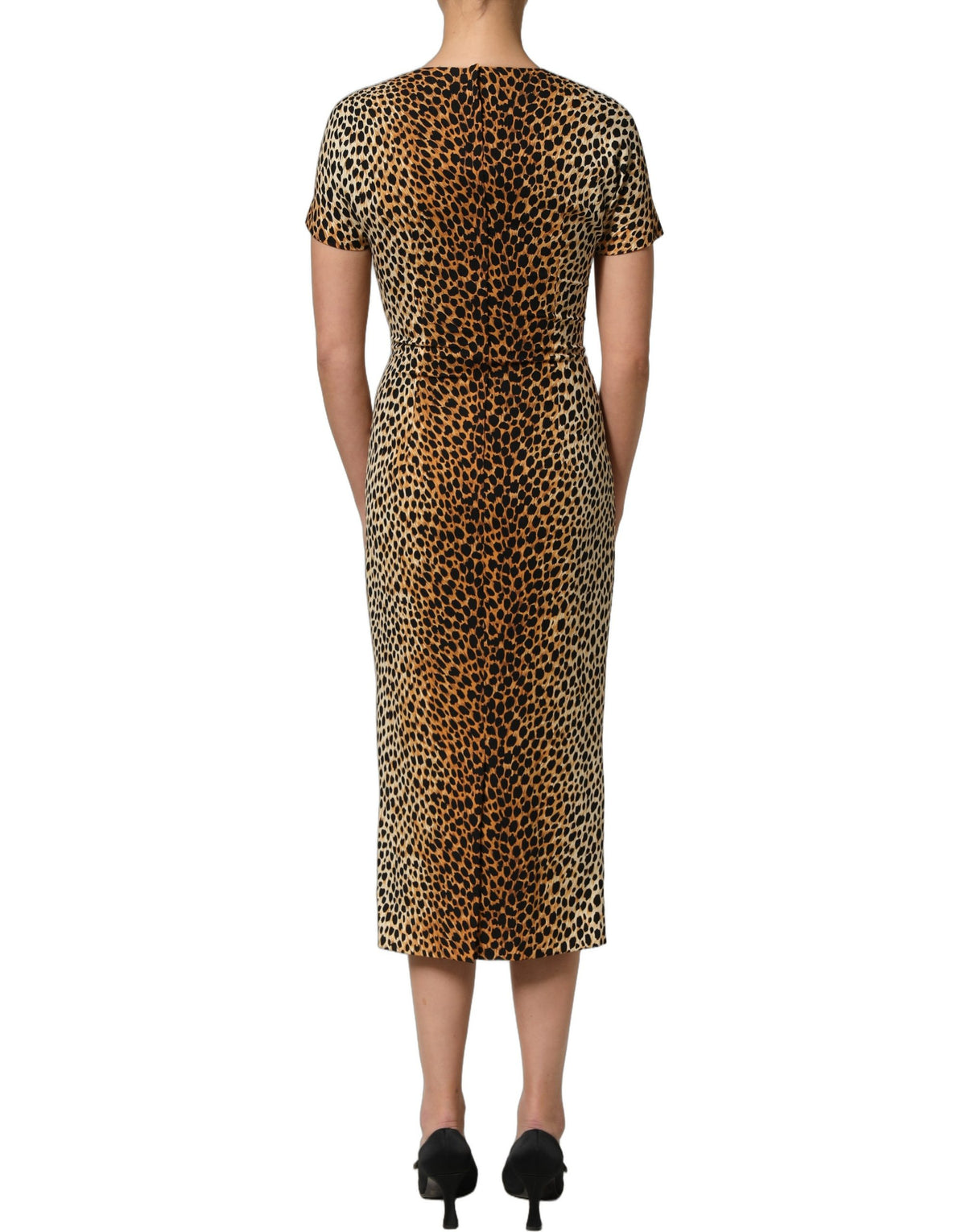 Dolce & Gabbana Women's Sheath Wrap Short-Sleeve Crew Neck Silk Midi Short Mini Dress - Brown Leopard Print Print