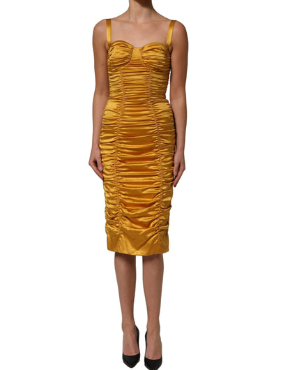 Dolce & Gabbana Gold Silk Ruched Bodycon Sheath Midi Dress