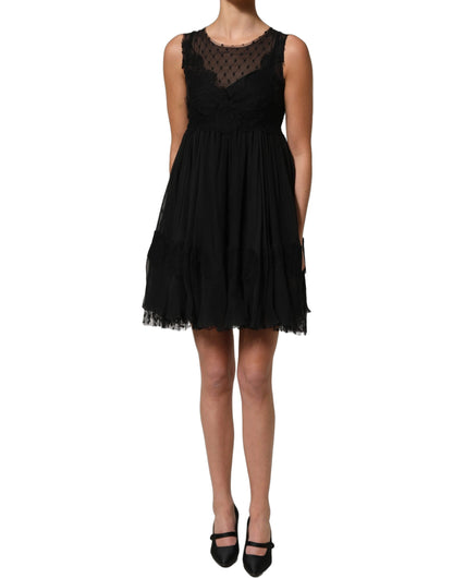 Dolce & Gabbana Women's A Line Cocktail Sleeveless Cotton Silk Nylon & Lace Mini Dress - Black