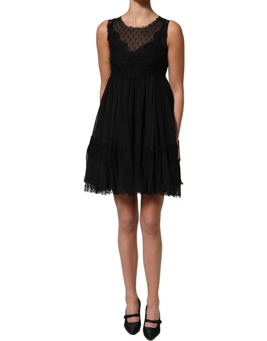 Dolce & Gabbana Women's A Line Cocktail Sleeveless Cotton Silk Nylon & Lace Mini Dress - Black