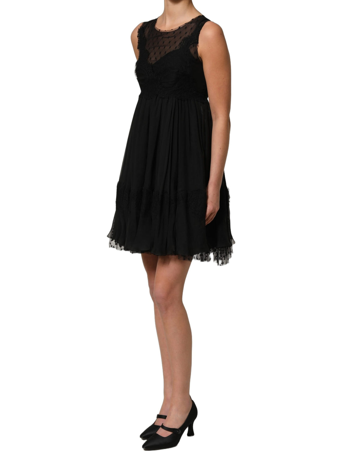 Dolce & Gabbana Women's A Line Cocktail Sleeveless Cotton Silk Nylon & Lace Mini Dress - Black
