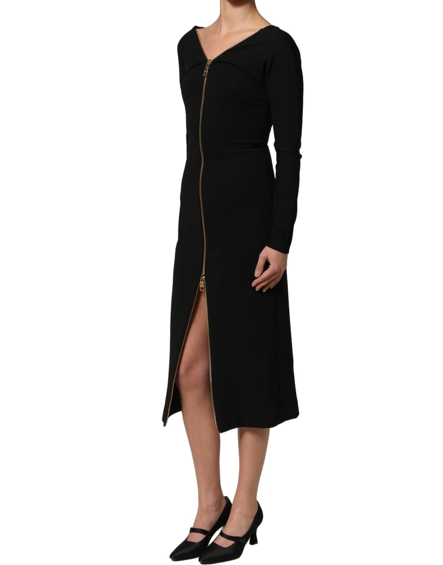 Dolce & Gabbana Black Long Sleeves Front Zipper Midi Dress