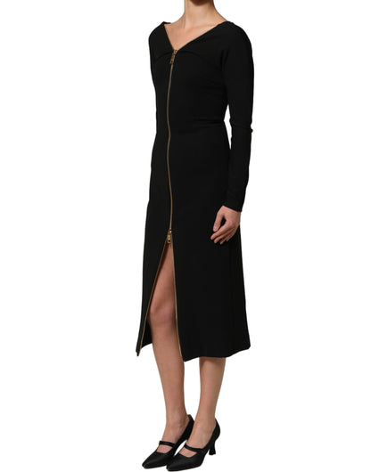 Dolce & Gabbana Black Long Sleeves Front Zipper Midi Dress