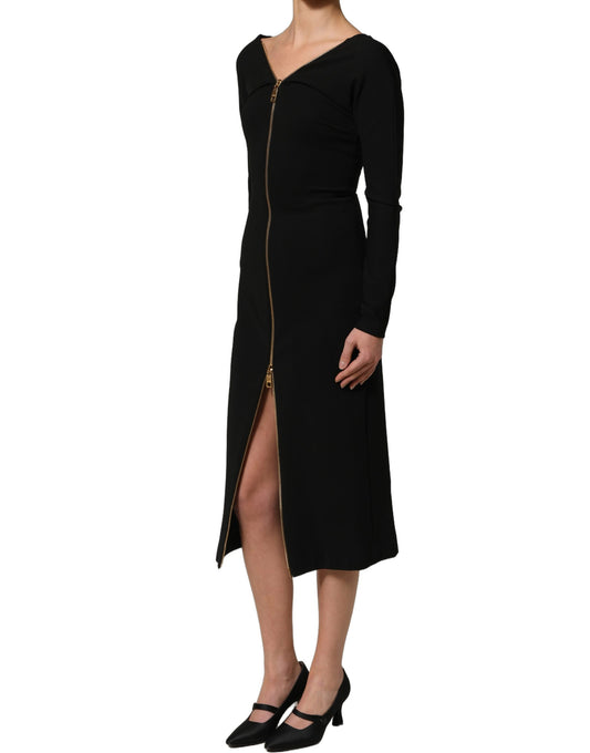 Dolce & Gabbana Black Long Sleeves Front Zipper Midi Dress