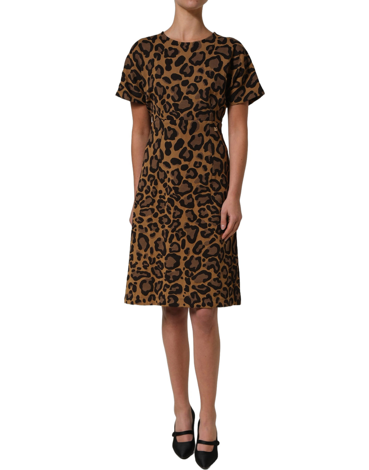 Dolce & Gabbana Women's A Line Flared Cocktail Nylon Cotton Polyester Short Mini Dress - Brown Leopard Print Jacquard Print