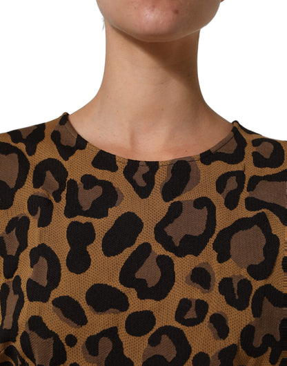 Dolce & Gabbana Women's A Line Flared Cocktail Nylon Cotton Polyester Short Mini Dress - Brown Leopard Print Jacquard Print