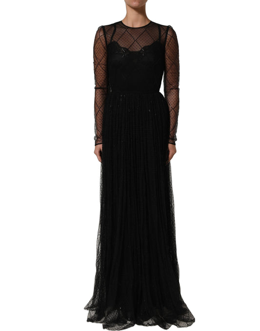 Dolce & Gabbana Women's Gown Long-Sleeve Cotton Lace Silk & Polyester Maxi Long Dress - Black