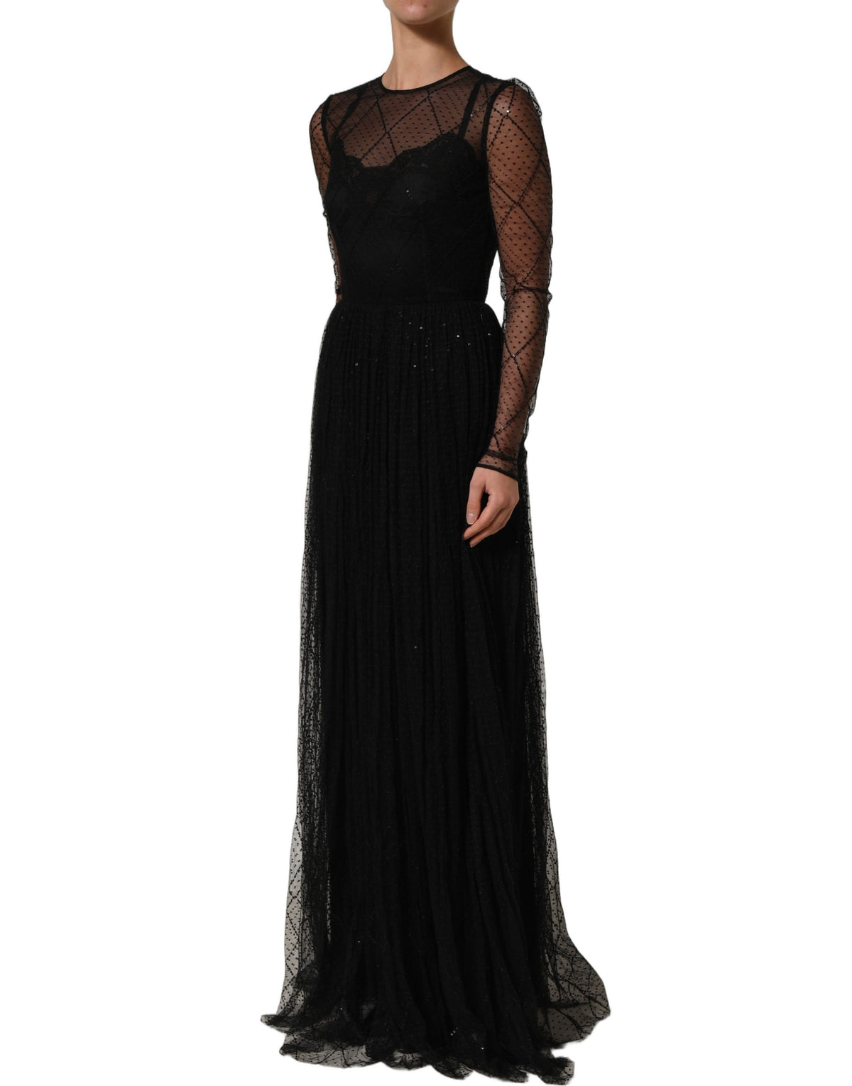 Dolce & Gabbana Women's Gown Long-Sleeve Cotton Lace Silk & Polyester Maxi Long Dress - Black
