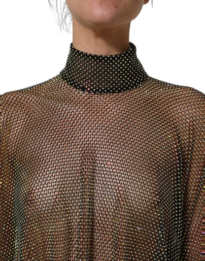 Dolce & Gabbana Black Rhinestone Mesh Turtleneck Maxi Dress