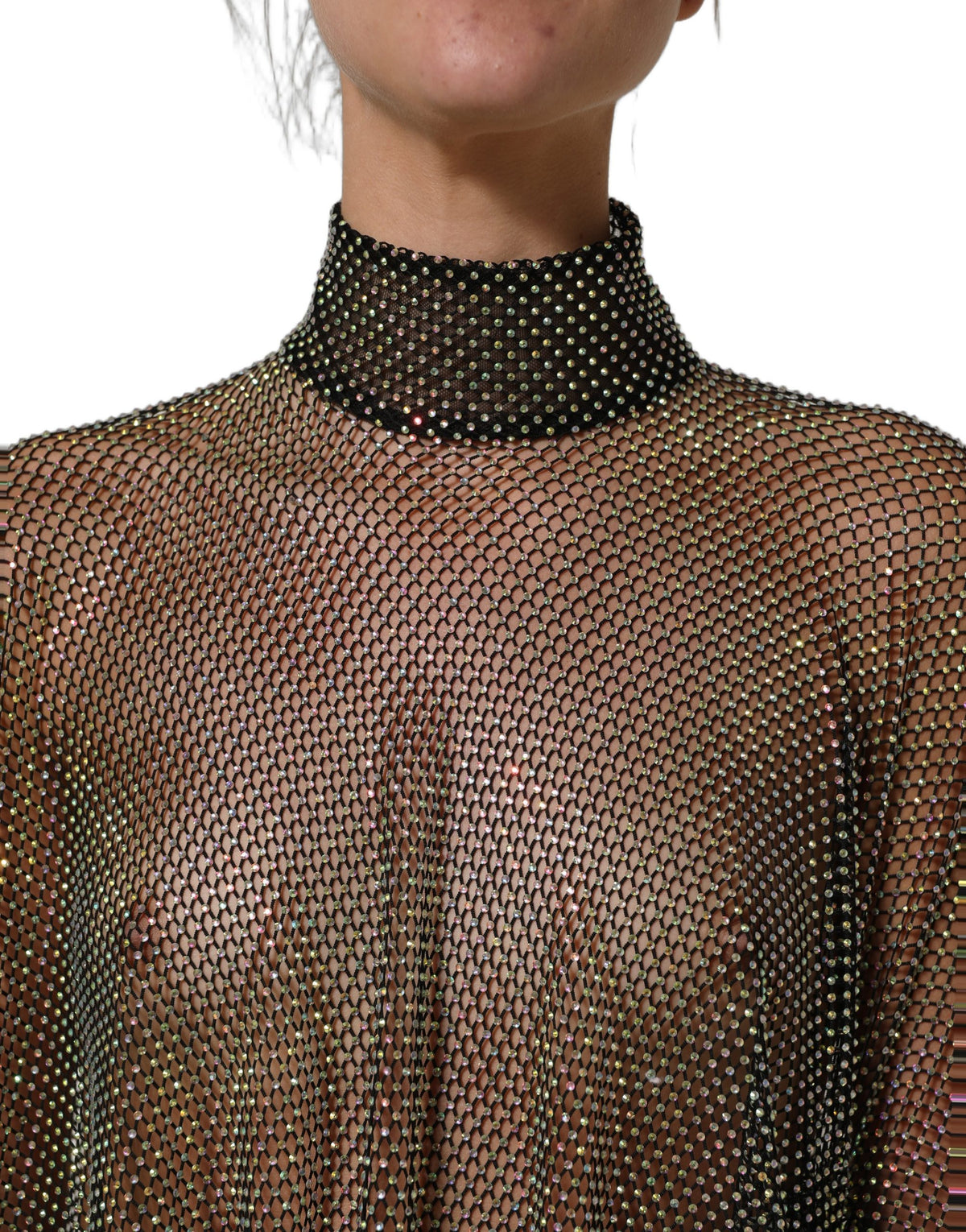 Dolce & Gabbana Women's Cocktail Turtleneck Polyester Mesh & Rhinestone Maxi Long Dress - Black