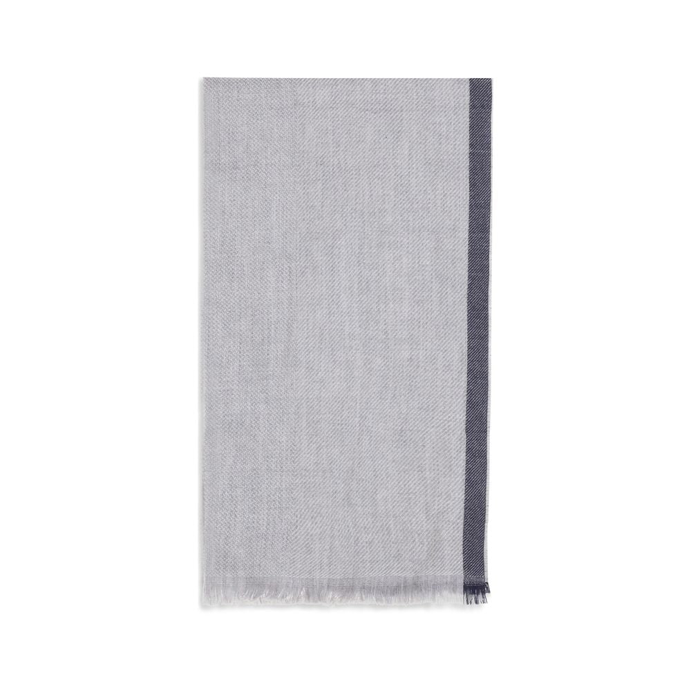 Scarf by Brunello Cucinelli for men in cashmere wool gray & patterned presents a effortlessly chic silhouette, artfully capturing the essence of the effortlessly chic Cashmere Wool Wrap Frayed-Edge Scarf design for a sophisticated look.