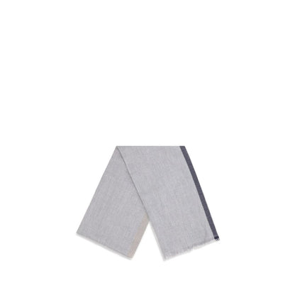 Scarf by Brunello Cucinelli for men in cashmere wool gray & patterned features a timeless silhouette, artfully capturing the essence of the timeless Cashmere Wool Wrap Frayed-Edge Scarf design for a sophisticated look.