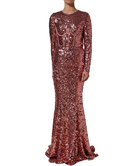 Dolce & Gabbana Pink Long Sequined Corset Detailing Gown Dress