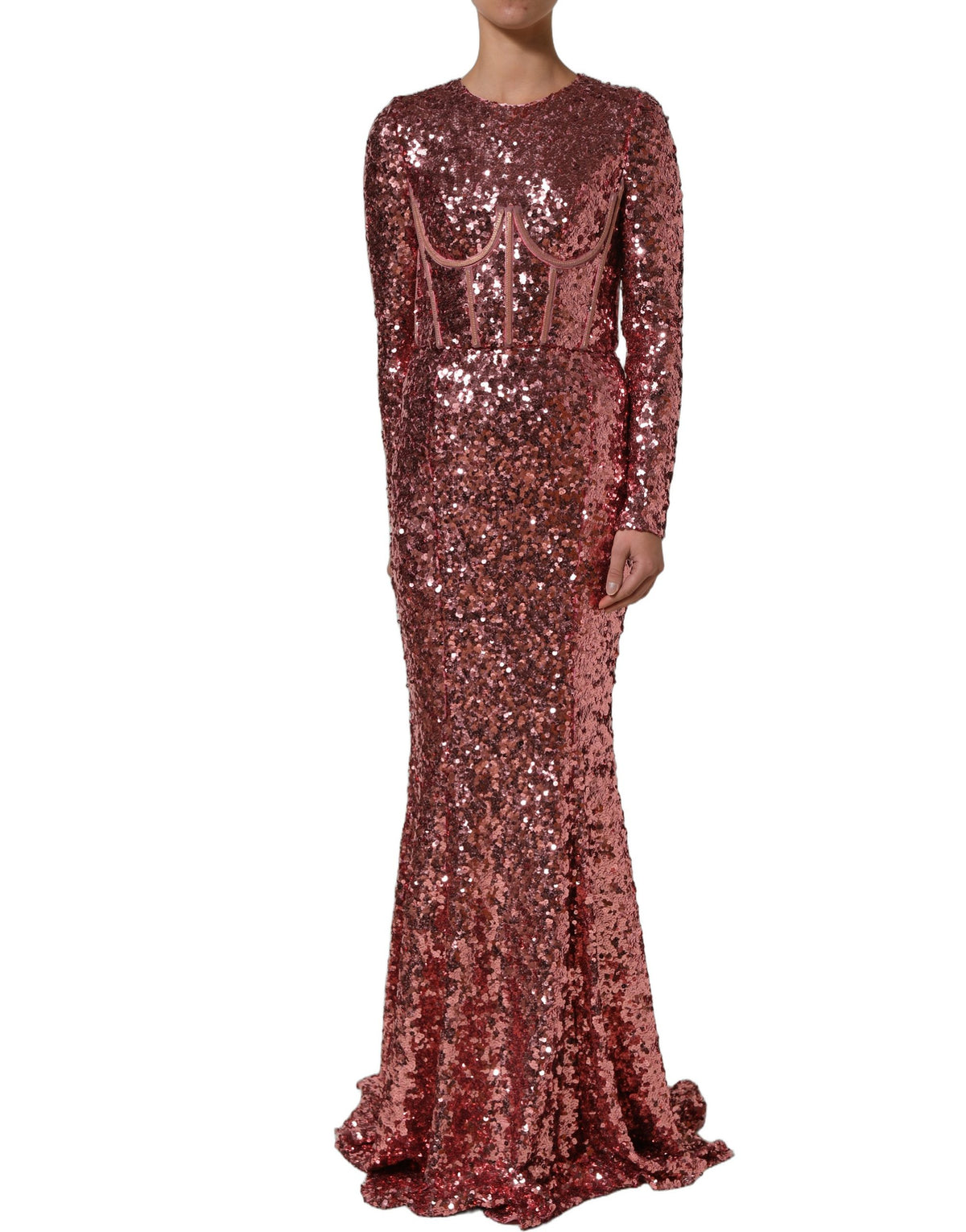 Dolce & Gabbana Women's Gown Mermaid Corset Bustier Cocktail Long-Sleeve Silk Nylon & Sequins Long Dress - Pink Signature