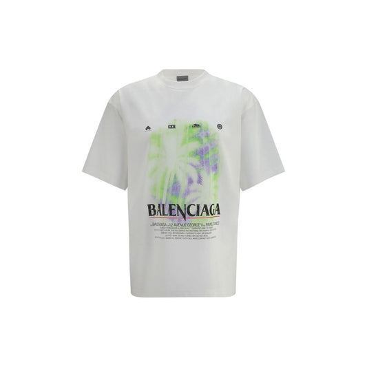 T-Shirt by Balenciaga for men in cotton white & print features an edgy silhouette, meticulously detailed with a sophisticated short-sleeve and crew neckline for a truly edgy finish.
