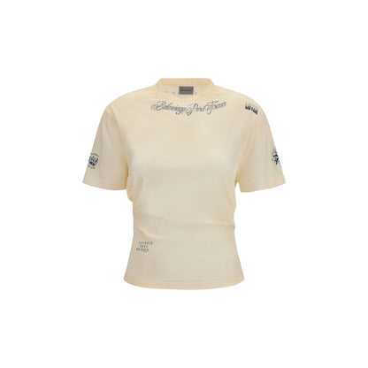 T-Shirt by Balenciaga for women in cotton beige & print showcases a fashionable silhouette, elegantly detailed with a fashionable short-sleeve and crew neckline for a sophisticated, high-fashion look.
