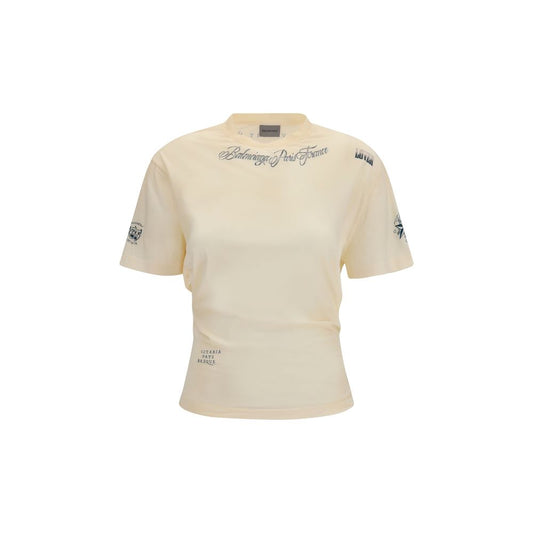 T-Shirt by Balenciaga for women in cotton beige & print showcases a fashionable silhouette, elegantly detailed with a fashionable short-sleeve and crew neckline for a sophisticated, high-fashion look.