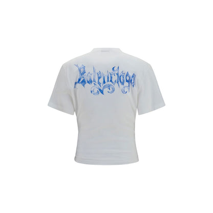 T-Shirt by Balenciaga for women in cotton white & print features a plush silhouette, showcasing a sophisticated crew neckline and for a truly plush finish.