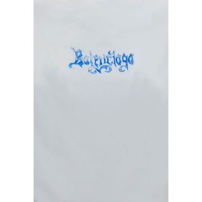 T-Shirt by Balenciaga for women in cotton white & print showcases a dramatic silhouette, elegantly detailed with a dramatic crew neckline and for a truly dramatic finish.