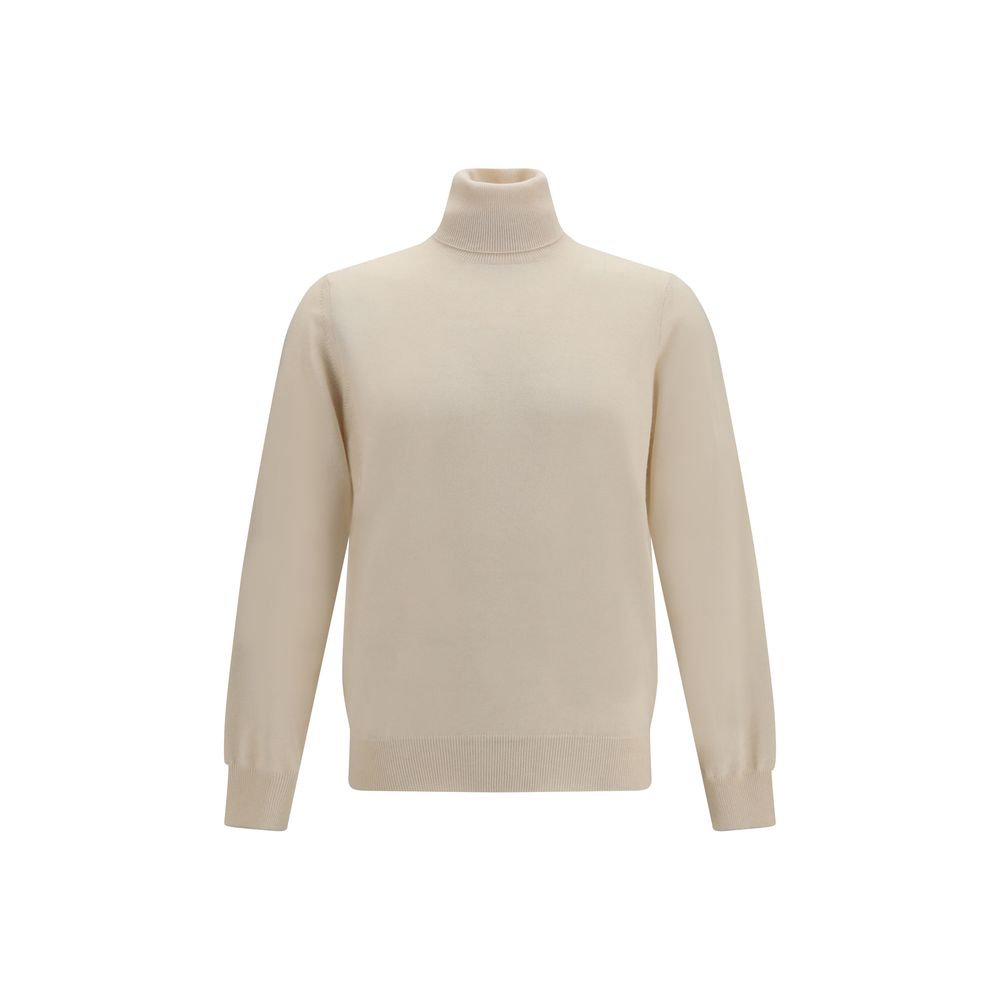 Sweater by Brunello Cucinelli for men in cashmere & capra leather beige & patterned showcases a downtown chic silhouette, artfully finished with a downtown chic turtle high-collar neckline and for a sophisticated, high-end look.