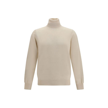 Sweater by Brunello Cucinelli for men in cashmere & capra leather beige & patterned showcases a downtown chic silhouette, artfully finished with a downtown chic turtle high-collar neckline and for a sophisticated, high-end look.