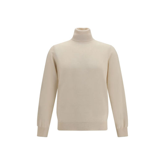 Sweater by Brunello Cucinelli for men in cashmere & capra leather beige & patterned showcases a downtown chic silhouette, artfully finished with a downtown chic turtle high-collar neckline and for a sophisticated, high-end look.