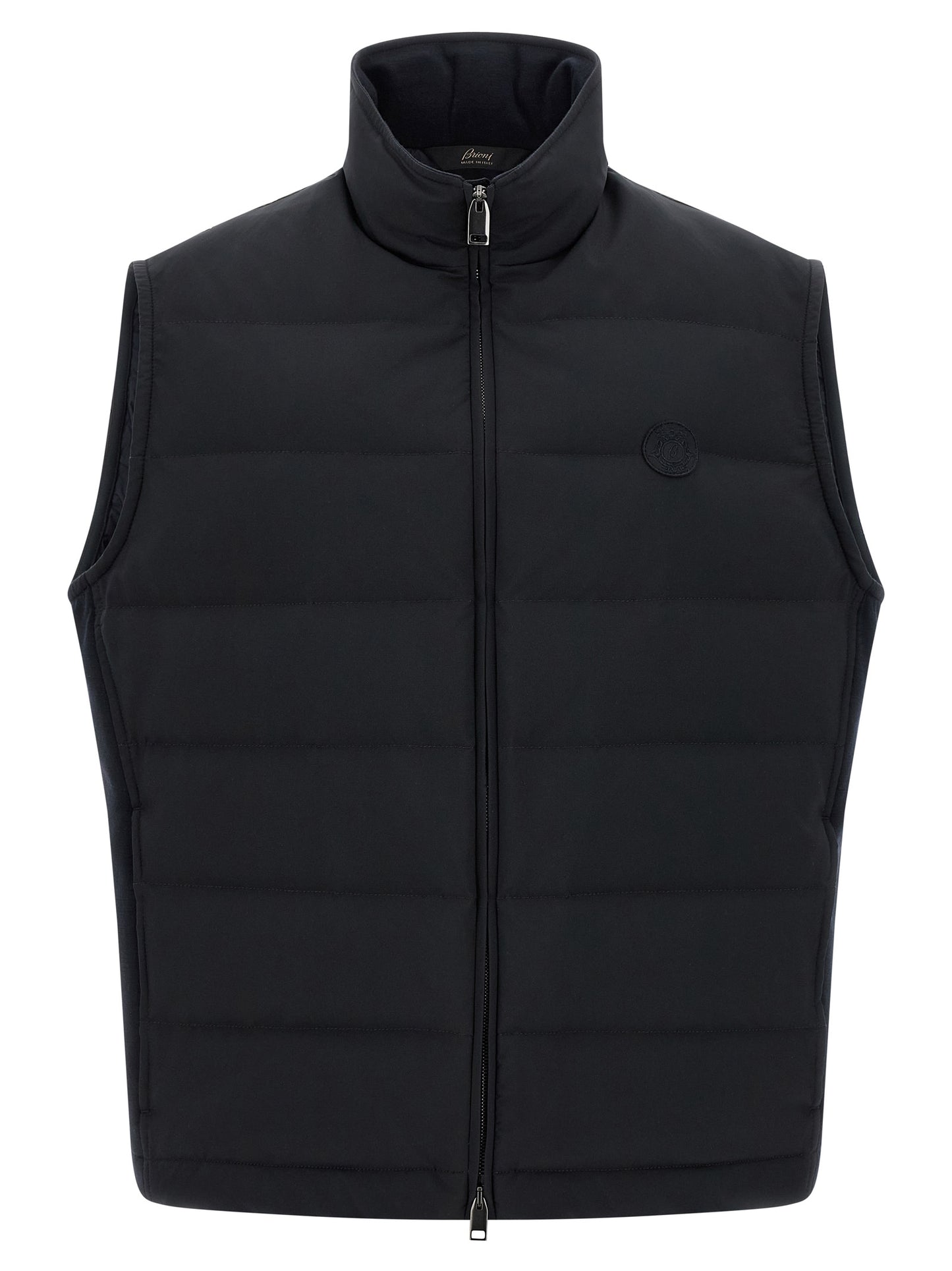 Vest by Brioni for men in goose-down polyester & cashmere blue features an contemporary silhouette, showcasing refined pockets & insulated and a contemporary for a sophisticated layered look.