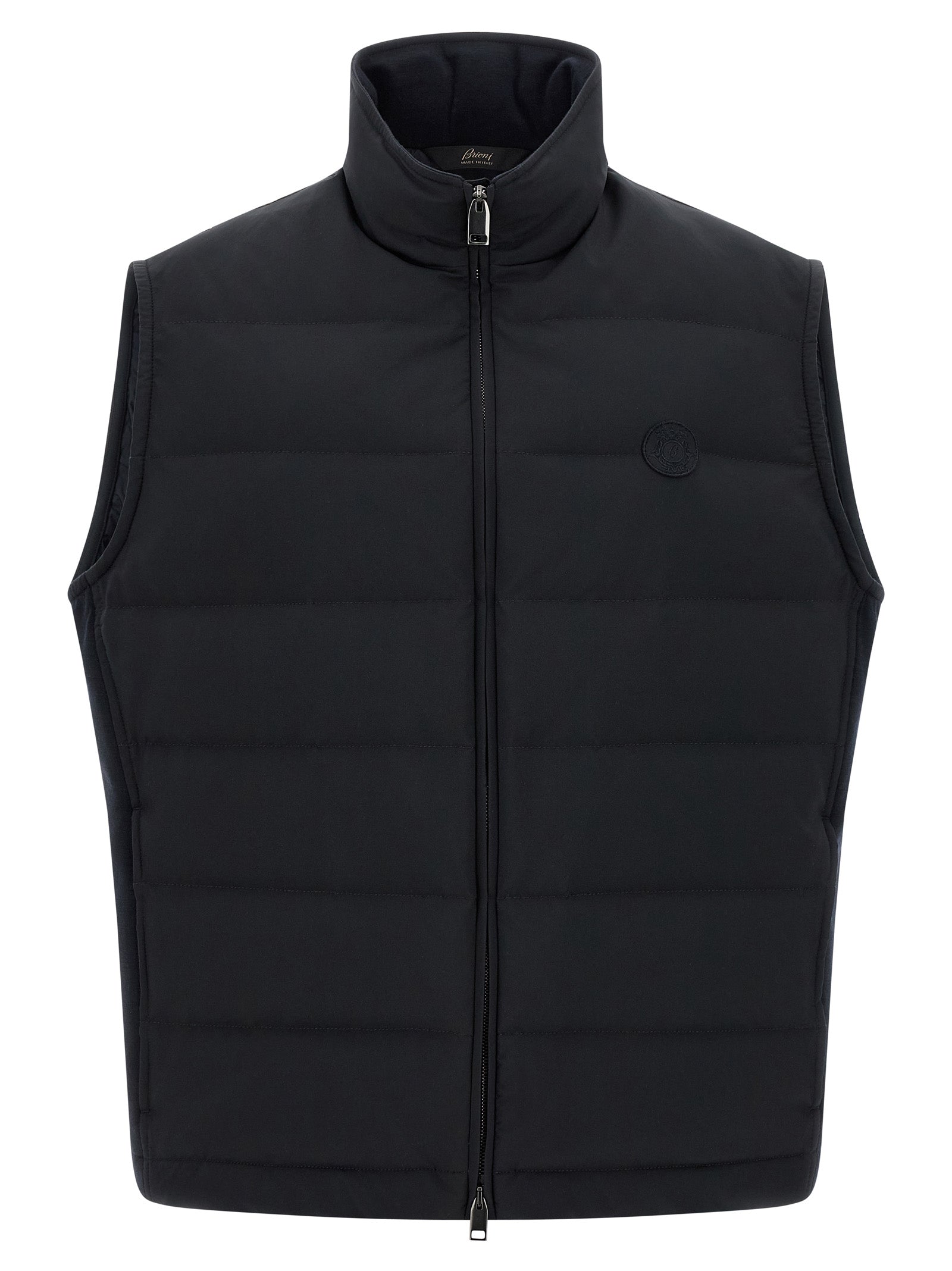 Vest by Brioni for men in goose-down polyester & cashmere blue features an contemporary silhouette, showcasing refined pockets & insulated and a contemporary for a sophisticated layered look.