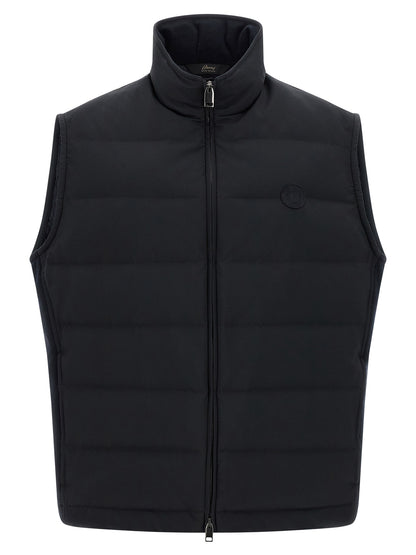 Vest by Brioni for men in goose-down polyester & cashmere blue features an contemporary silhouette, showcasing refined pockets & insulated and a contemporary for a sophisticated layered look.