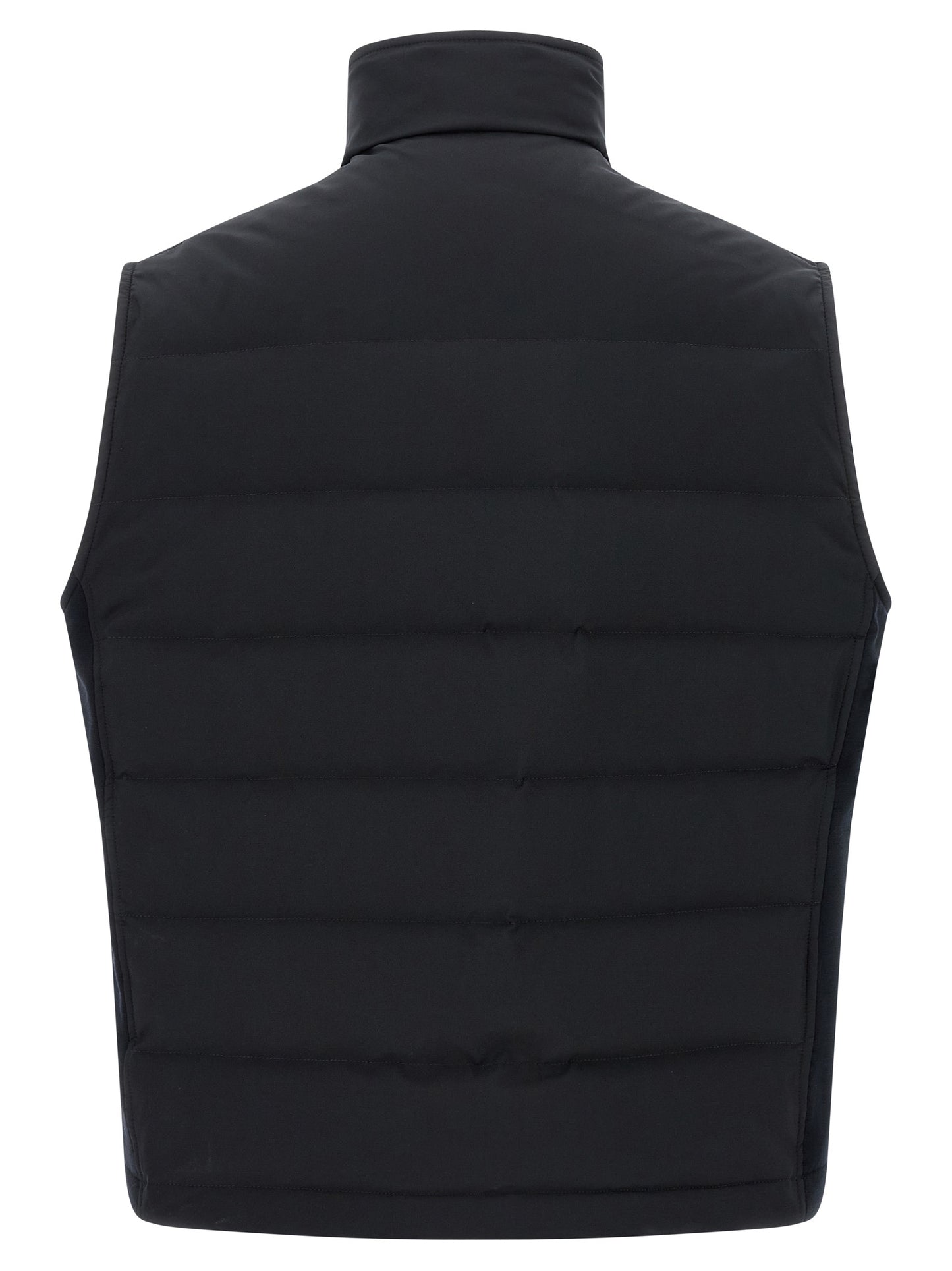 Vest by Brioni for men in goose-down polyester & cashmere blue showcases a utilitarian silhouette, artfully incorporating pockets & insulated and a utilitarian for a truly utilitarian finish.