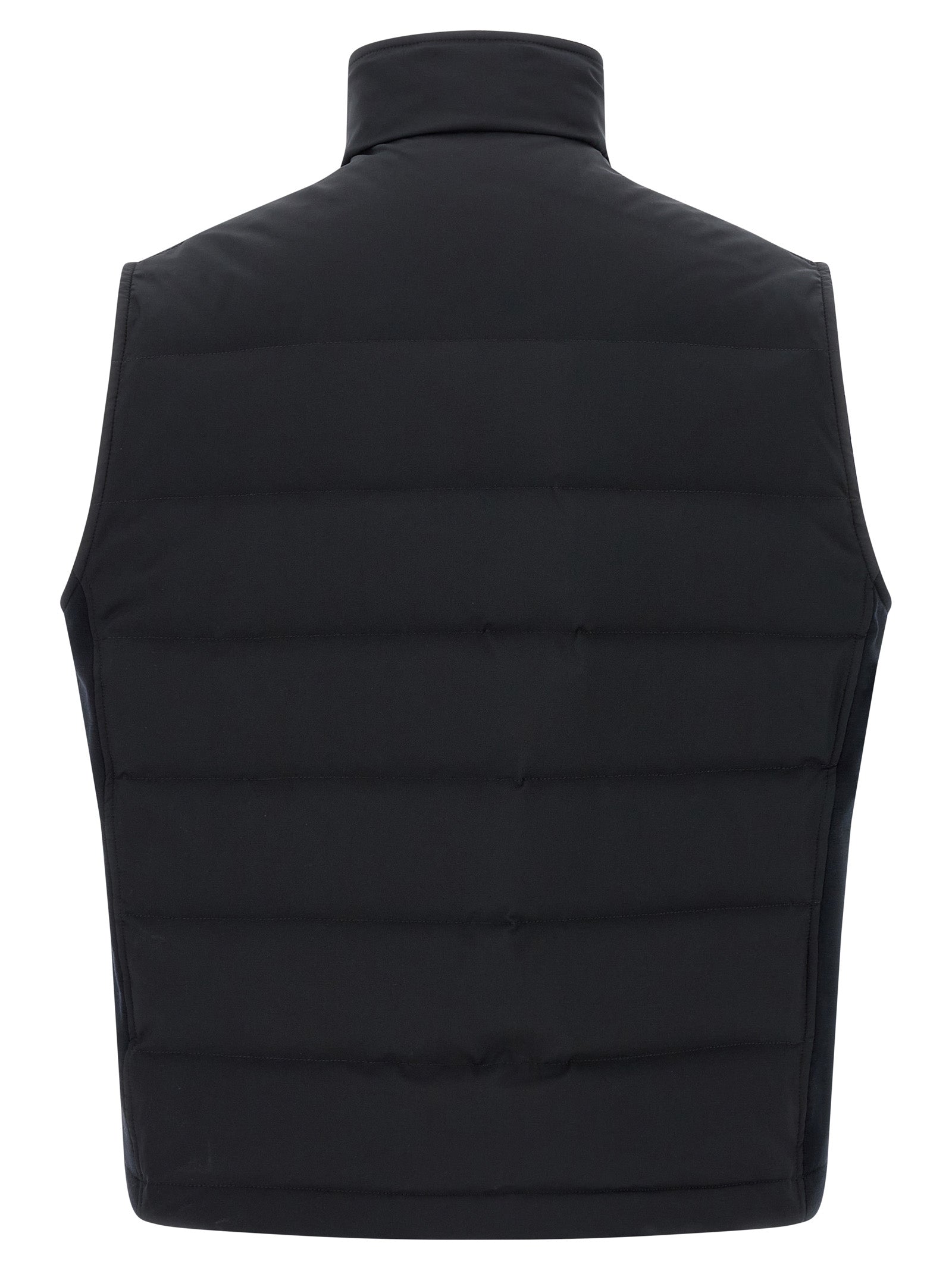 Vest by Brioni for men in goose-down polyester & cashmere blue showcases a utilitarian silhouette, artfully incorporating pockets & insulated and a utilitarian for a truly utilitarian finish.