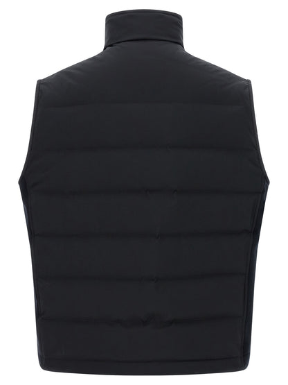 Vest by Brioni for men in goose-down polyester & cashmere blue showcases a utilitarian silhouette, artfully incorporating pockets & insulated and a utilitarian for a truly utilitarian finish.