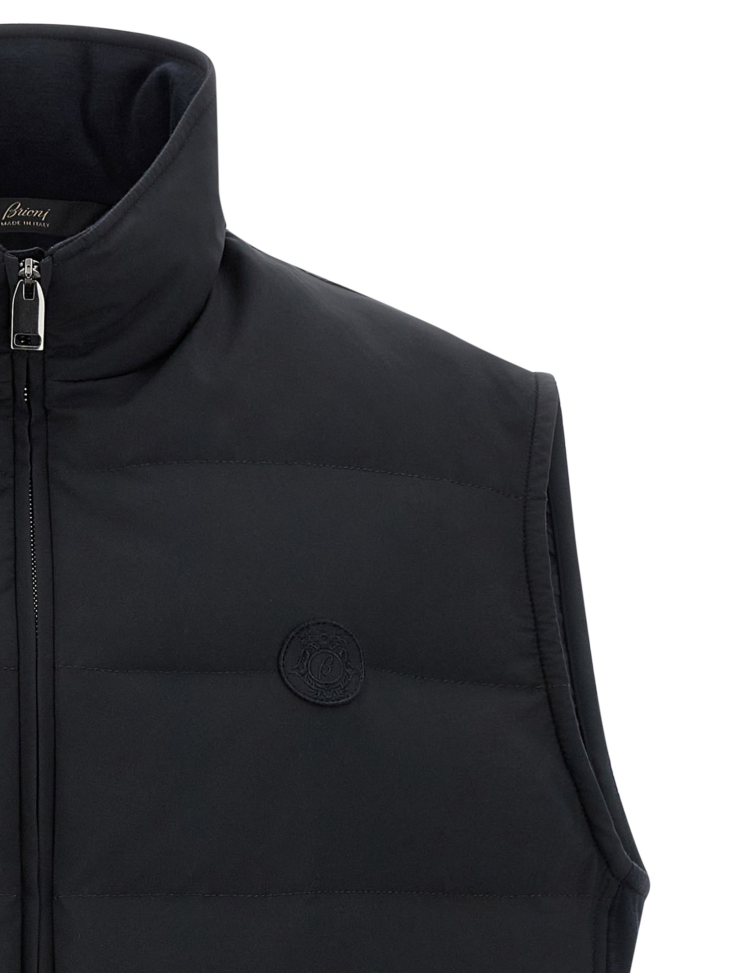Vest by Brioni for men in goose-down polyester & cashmere blue features a chic silhouette, expertly detailed with a refined and premium pockets & insulated for a truly chic look.